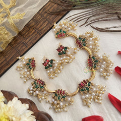 Vriksham Lotus Style With Moon Neckpiece-Red Green-Pearl-G19123
