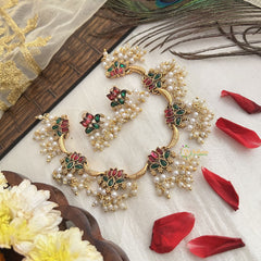 Vriksham Lotus Style With Moon Neckpiece-Red Green-Pearl-G19123