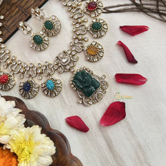 Vriksham Navratna AD Stone Ganesha Style Neckpiece-G19126