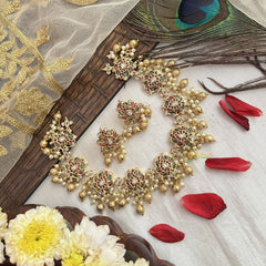 Vriksham Designer Lotus Gold Choker-Red Green & White-Pearl-G19175