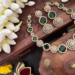 Vriksham Classic White Stone Floral Bridal CZ Stone Short Neckpiece-Green-G21528