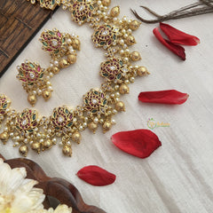 Vriksham Designer Lotus Gold Choker-Red Green & White-Pearl-G19175