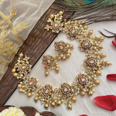 Vriksham Designer Lotus Gold Choker-Red Green & White-Pearl-G19175