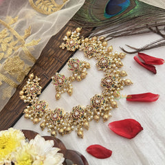 Vriksham Designer Lotus Gold Choker-Red Green & White-Pearl-G19175