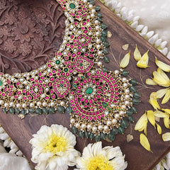 Vriksham Exquisite Kundan Jadau Maanga Short Neckpiece-Pastel Green Beads-J3696