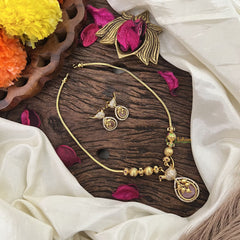 Vriksham Unique Bird Shape Pastel Pink AD Stone Pendant Chain Neckpiece-G17894