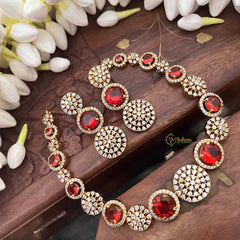 Vriksham Classic White Stone Floral Bridal CZ Stone Short Neckpiece-Red-G21529