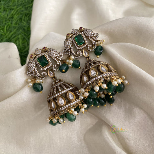 Elegant Green Victorian Diamond Jhumkas-Pearls & Beads-VV1256