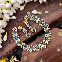 Vriksham Designer Green & White CZ Stone Halo With Teardrop Pendant Short Neckpiece-G21524