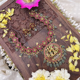 Vriksham Radha Krishna Pendant Kundan Jadau Floral Short Neckpiece-Pastel Green Beads-J3697