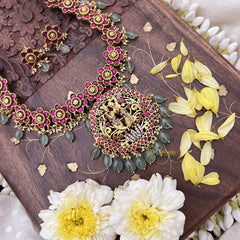 Vriksham Radha Krishna Pendant Kundan Jadau Floral Short Neckpiece-Pastel Green Beads-J3697