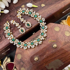 Vriksham Designer Green & White CZ Stone Halo With Teardrop Pendant Short Neckpiece-G21524