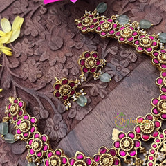 Vriksham Radha Krishna Pendant Kundan Jadau Floral Short Neckpiece-Pastel Green Beads-J3697