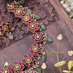 Vriksham Radha Krishna Pendant Kundan Jadau Floral Short Neckpiece-Pastel Green Beads-J3697