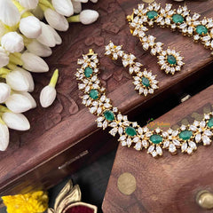 Vriksham Designer Green & White CZ Stone Halo With Teardrop Pendant Short Neckpiece-G21524