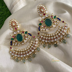 Premium Navratna AD Stone Chandbali - Pearls- G12043