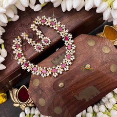 Vriksham Designer Ruby Red & White CZ Stone Halo With Teardrop Pendant Short Neckpiece-G21523