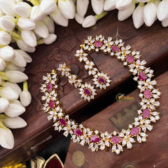 Vriksham Designer Ruby Red & White CZ Stone Halo With Teardrop Pendant Short Neckpiece-G21523