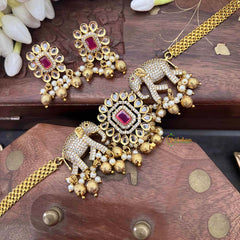 Vriksham Designer Elephant Style CZ Stone Short Neckpiece-Red-G21532