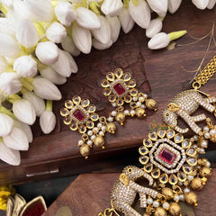 Vriksham Designer Elephant Style CZ Stone Short Neckpiece-Red-G21532