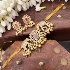 Vriksham Designer Elephant Style CZ Stone Short Neckpiece-Red-G21532