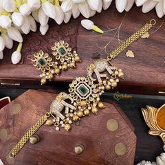 Vriksham Designer Elephant Style CZ Stone Short Neckpiece-Green-G21533