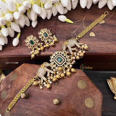 Vriksham Designer Elephant Style CZ Stone Short Neckpiece-Green-G21533
