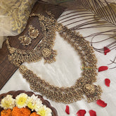 Vriksham Lakshmi Mayura Antique & Lotus Floral Temple Bridal Set-Green Red-Pearl-G19181