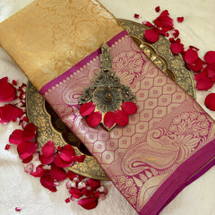 Golden Yellow with Pink Border Semi Benarasi Saree -Tanchoi Collection-VS3653