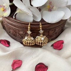 Vriksham Gold Look Alike Hook Jhumka-White-Gold Bead-G18289