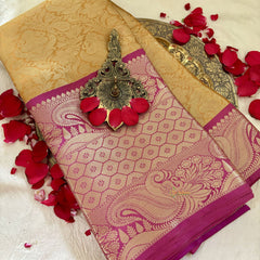 Golden Yellow with Pink Border Semi Benarasi Saree -Tanchoi Collection-VS3653