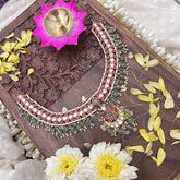 Vriksham Half Moon Style Pendant Jadau Kundan Short Neckpiece-Pastel Green Beads-J3704