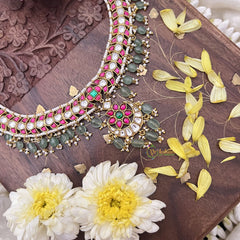 Vriksham Half Moon Style Pendant Jadau Kundan Short Neckpiece-Pastel Green Beads-J3704