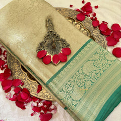 Beige Gold with Green Border Semi Benarasi Saree -Tanchoi Collection-VS3658
