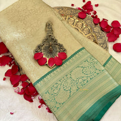 Beige Gold with Green Border Semi Benarasi Saree -Tanchoi Collection-VS3658
