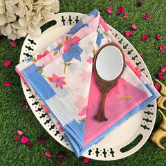 Vriksham Soft Pink and Blue Bloom Pattern Mulmul Cotton Saree-VS5057