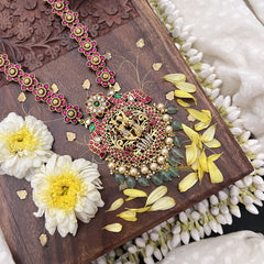 Vriksham Radha Krishna Pendant Jadau Kundan Long Neckpiece-Pastel Green Beads-J3706