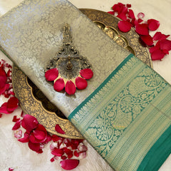Beige with Green Border Semi Benarasi Saree -Tanchoi Collection-VS3656