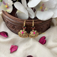 Vriksham Gold Look Alike Hook Jhumka-Red Green-Gold Bead-G18291