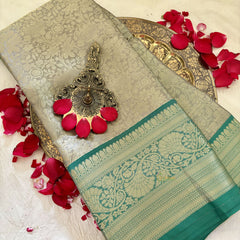 Beige with Green Border Semi Benarasi Saree -Tanchoi Collection-VS3656