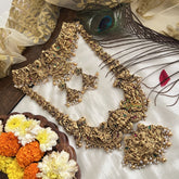 Vriksham South Indian Dangling Gold Beads & Pearl Bridal Set-Green Red-G19179