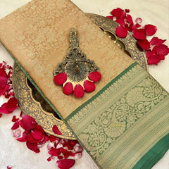 Beige Gold with Green Border Semi Benarasi Saree -Tanchoi Collection-VS3657