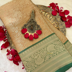 Beige Gold with Green Border Semi Benarasi Saree -Tanchoi Collection-VS3657