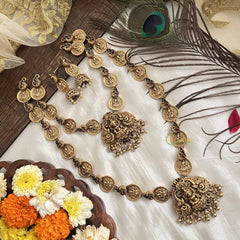 Vriksham Designer Lakshmi kasu Mala Bridal Set-Green Red-Gold Pearl-G19183