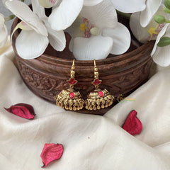Vriksham Gold Look Alike Hook Jhumka-Red-Gold Bead-G18290