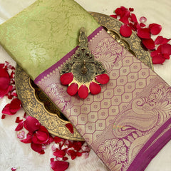 Light Parrot Green with Maroon Border Semi Benarasi Saree -Tanchoi Collection-VS3661