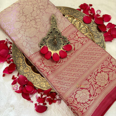Light Mauve with Red Border Semi Benarasi Saree -Tanchoi Collection-VS3655