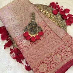 Light Mauve with Red Border Semi Benarasi Saree -Tanchoi Collection-VS3655