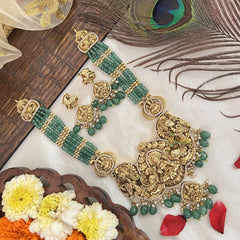 Vriksham Designer Dual Peacock With Lakshmi Green Beaded Short Neckpiece-Green Bead-G19186
