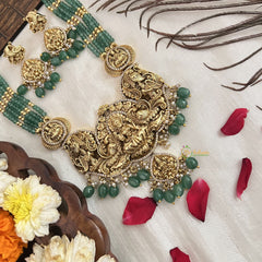Vriksham Designer Dual Peacock With Lakshmi Green Beaded Short Neckpiece-Green Bead-G19186